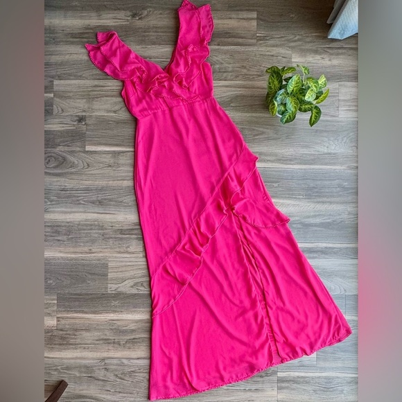 Lulus Love From Above Pink Ruffled Surplice Front Wrap Style Maxi Dress Size S - Picture 2 of 16